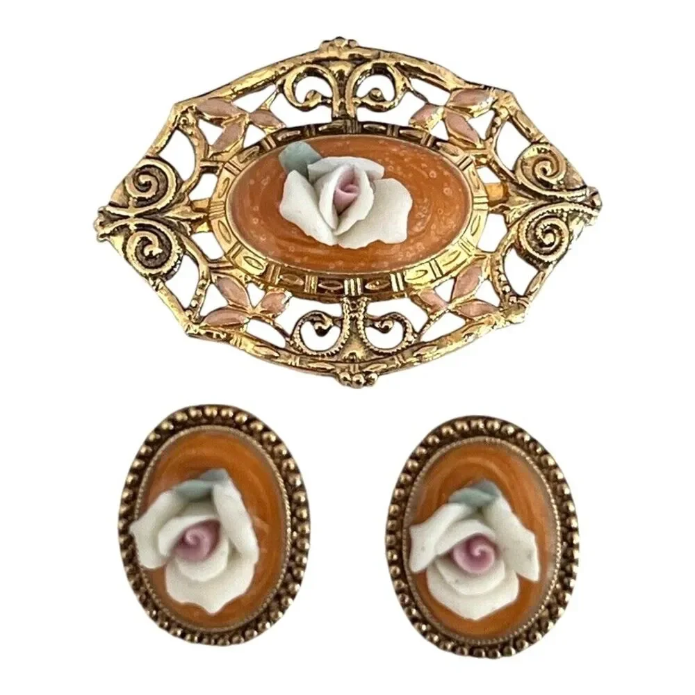 Vintage 1980s Floral Brooch Earrings Set Ceramic Rose Gold Tone - 8C